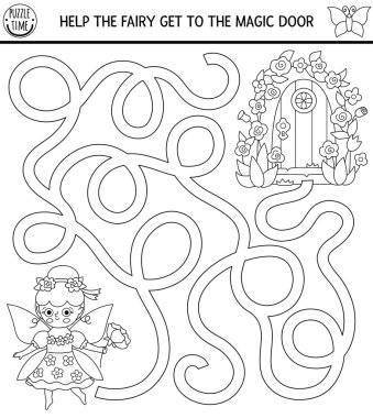 Çiçek perisi olan çocuklar için siyah-beyaz labirent, güllerle sihirli kapıya gidiyor. Peri masalı, basılabilir etkinlik, boyama sayfası. Büyülü orman, ormanlık labirent oyunu, bulmaca