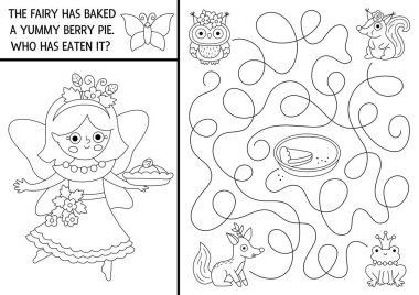 Perili çocuklar için siyah-beyaz labirent, çilekli turta, baykuş, sincap, tilki, kurbağa. Peri masalı, basılabilir etkinlik, boyama sayfası. Sihirli orman, ormanlık labirent oyunu, yapboz. Pastayı kim yedi?