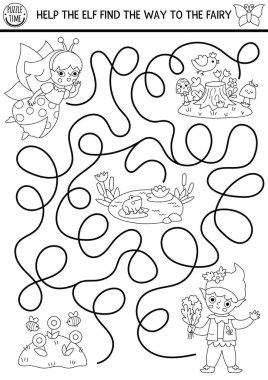Perili böceğe giden yolu arayan elfli çocuklar için siyah beyaz labirent. Peri masalı, basılabilir etkinlik, boyama sayfası. Sihirli orman, ormanlık labirent oyunu, çizgi bulmacası