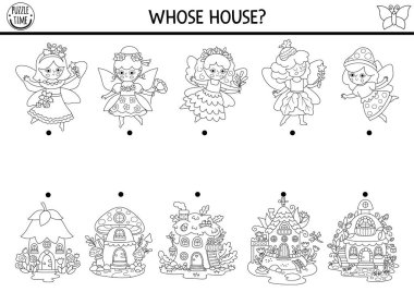 Orman perisi küçük kızlar ve evlerle siyah beyaz eşleşme aktivitesi. Çiçekli, meşe palamudu, böğürtlen prensesi, ev. Nesneleri eşleştir oyunu. Peri masalı boyama sayfası