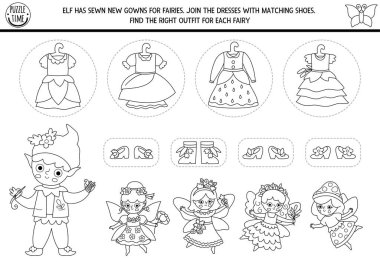 Orman perisi siyah ve beyaz elf terzi, elbise ve ayakkabılarla eşleşme aktivitesi. Çiçekli, meşe palamudu, böğürtlen prensesi olan sihirli orman bulmacası. Maç kıyafetleri oyunu. Peri masalı boyama sayfası