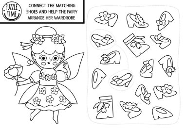 Küçük kız ve şirin ayakkabılarla orman perisi eşleşmesi. Çiçek prensesinin ayakkabı dolabını düzenlediği sihirli orman bulmacası. Çizme çiftleri maçını eşleştir. Peri masalı boyama sayfası