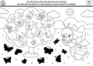 Ağaçlardaki böceklerle saklambaç oynayan kızla orman perisi siyah ve beyaz gölgeler eşleşiyor. Prenses ve böceklerle sihirli orman bulmacası. Doğru siluet renklendirme sayfası bul, oyun 