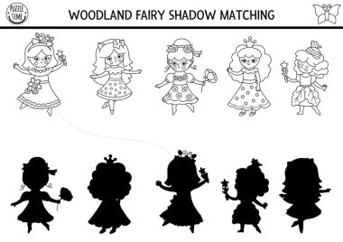 Orman perisi siyah ve beyaz gölgeler eşleşiyor. Çilekli, çiçekli, meşe palamudu prensesiyle sihirli orman bulmacası. Doğru siluet yazdırılabilir çalışma tablosu bul, oyun. Peri masalı boyama sayfası 