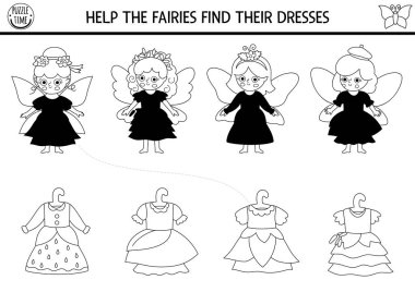 Orman perisi, kızlarla siyah beyaz eşleşme aktivitesi ve kayıp elbiseler. Çiçekli sihirli orman yapbozu, mantar prenses, kıyafetler. Peri masalı renklendirme sayfası, yazdırılabilir çalışma tablosu