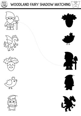 Orman perisi siyah ve beyaz gölgeleri fantezi yaratıkla eşleşiyor. Kuşla sihirli orman bulmacası, cüce. Doğru siluet yazdırılabilir çalışma tablosu bul, oyun. Peri masalı boyama sayfası