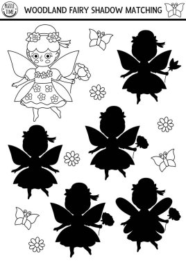 Orman perisi siyah ve beyaz gölgeler kızla eşleşiyor. Çiçek prensesiyle sihirli orman bulmacası. Doğru siluet yazdırılabilir çalışma tablosu bul, oyun. Peri masalı boyama sayfası