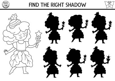 Orman perisi siyah ve beyaz gölgeler kızla eşleşiyor. Meşe palamudu prensesiyle sihirli orman bulmacası. Doğru siluet yazdırılabilir çalışma tablosu bul, oyun. Peri masalı boyama sayfası