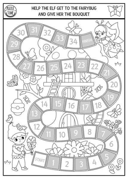 Orman perisi, sihirli orman geçmişi olan siyah-beyaz zar oyunu. Masal tahtası oyunu. Masa üstü aktivitesi, basılabilir çalışma tablosu, çocuklar için boyama sayfası. Periye ulaşmasına yardım et.