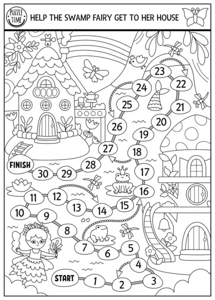 Orman perisi, sihirli orman geçmişi olan siyah-beyaz zar oyunu. Masal prensesi masa oyunu, boyama sayfası, aktivite, çocuklar için basılabilir çalışma tablosu. Bataklık kızının eve gitmesine yardım et.