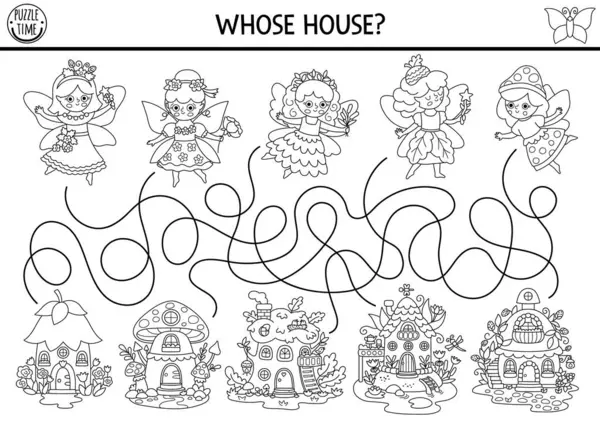 Orman perileri ve evleri olan çocuklar için siyah-beyaz labirent. Peri masalı, basılabilir prenses aktivitesi. Sihirli orman labirenti oyunu, bulmaca, boyama sayfası çilek, mantar, meşe palamudu, ağaç ev
