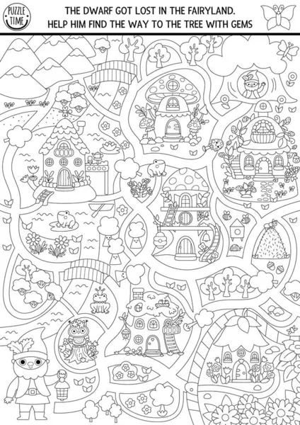 Orman perileri, evleri, sihirli orman manzarası olan çocuklar için siyah-beyaz labirent. Peri masalı prenses anaokulu basılabilir aktivitesi, boyama sayfası. Labirent oyunu, bulmaca. Cücenin ağacın yolunu bulmasına yardım et