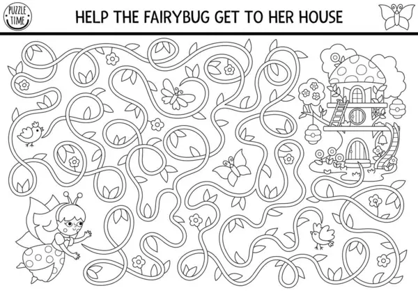Peri böceği olan çocuklar için ağaç dallarıyla evine giden siyah beyaz labirent. Peri masalı prenses çizgisi basılabilir etkinlik, boyama sayfası. Sihirli orman, ormanlık labirent oyunu, bulmaca
