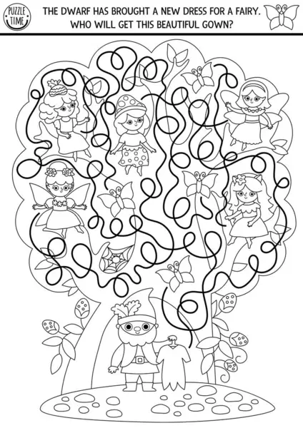 Orman perileri, güzel elbiseler, labirent şekilli ağaçlar olan çocuklar için siyah-beyaz labirent. Peri masalı, basılabilir etkinlik, boyama sayfası. Sihirli orman labirenti oyunu, cüce ve cüceyle bulmaca