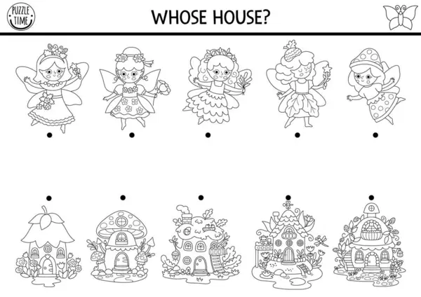 Orman perisi küçük kızlar ve evlerle siyah beyaz eşleşme aktivitesi. Çiçekli, meşe palamudu, böğürtlen prensesi, ev. Nesneleri eşleştir oyunu. Peri masalı boyama sayfası