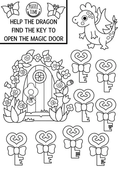 Orman perisi, sihirli kapıyı açmak için ejderha ve anahtarla eşleşme aktivitesi. Fantezi hayvanlı sihirli orman bulmacası. Peri masalı boyama sayfası, büyülü bahçe kilidiyle oyun