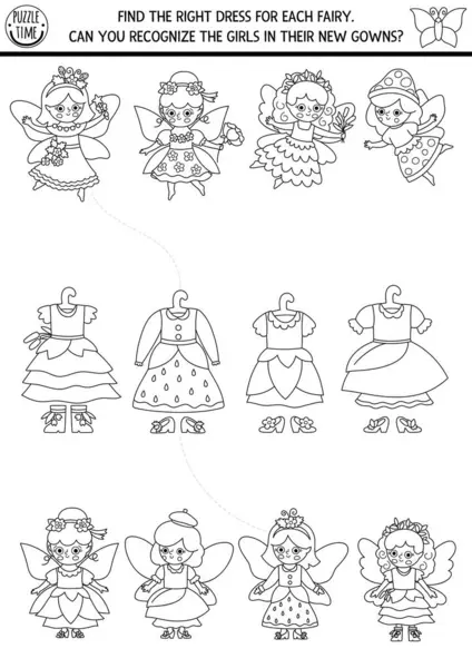 Orman perisi siyah ve beyaz yeni elbiseler arayan kızlarla eşleşme aktivitesi. Çiçekli, meşe palamudu, böğürtlen prensesi ve elbiseleriyle sihirli orman bulmacası. Peri masalı boyama sayfası, oyun