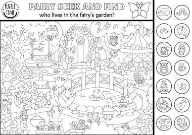 Peri Diyarı vektörü, büyülü bahçe manzaralı siyah beyaz arama oyunu. Benekli gizli hayvan. Peri masalı ara ve basılabilir bir aktivite bul, çiçek perisi salıncakta sallanırken renkli sayfa