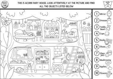 Peri ağacı ev manzaralı siyah beyaz vektör oyunu. Sihirli peri masalı, eğitici basılabilir aktiviteleri arar ve sayar, ve sayar, konforlu ev içi ile renklendirme sayfası