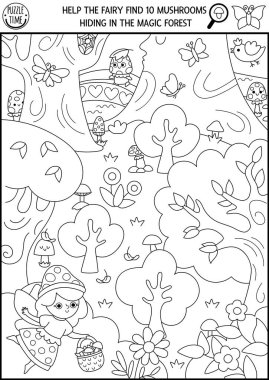 Büyülü orman manzaralı, perili, sepetli, siyah beyaz vektör oyunu. Saklı mantar. Peri masalı çocuklar için eğitici yazdırılabilir etkinlik, boyama sayfası arar ve bulur