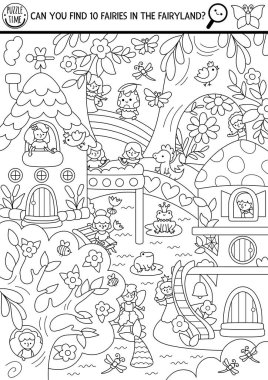 Büyülü orman manzarası, ağaç evi, nehir ile siyah beyaz vektör arama oyunu. Leke gizlenmiş peri. Peri masalı çocuk için eğitici yazdırılabilir etkinlik, boyama sayfası ara ve bul