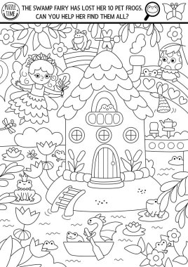 Büyülü orman manzarası, ağaç evi, nehir ve bataklık perisi olan vektör perisi. Gizli kurbağa boyama sayfası. Peri masalı yazılabilir etkinlik ara ve bul