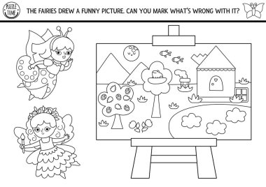 Perilerin bulutlu manzaraları, çatıdaki merdivenleri, gökteki balıkları çizdiği siyah beyaz periler diyarı. Resmin nesi var? Mantık çizelgesi, boyama sayfası. Sihirli peri bulmacası