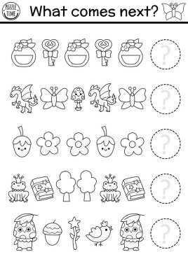 Sırada ne var? Peri Diyarı siyah ve beyaz mantıksal aktivite, anahtar, iksir, çiçek, büyü kitabı ile boyama sayfası. Orman perisi mantık ardılı çalışma tablosu. Fantezi ormanı, peri masalı oyun devam ediyor