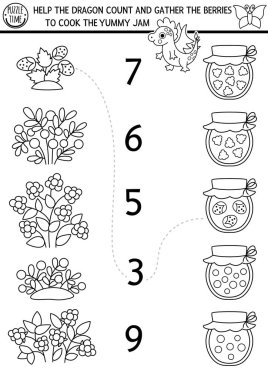 Siyah-beyaz peri oyunu ya da boyama sayfasını ejderha reçeli ile karşılaştır. Woodland Peri Bahçesi Matematik aktivitesi. Böğürtlenli, reçel kavanozlu masal sayma