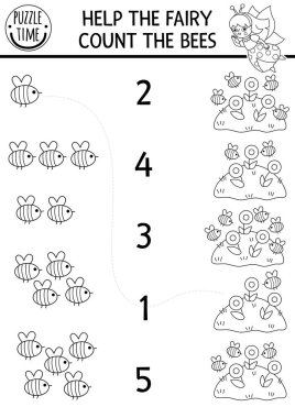 Siyah ve beyaz peri masallarındaki sayıları arılar ve çiçeklerle karşılaştır. Woodland Peri Böceği Matematik aktivitesi, anaokulu çocukları için boyama sayfası. Peri masalı eğitim sayım çalışma tablosu