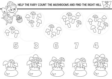Siyah ve beyaz peri masallarındaki sayıları mantar toplamayla karşılaştır. Orman prensesi matematik aktivitesi, boyama sayfası. Zehirli mantarlı masal sayma çalışma tablosu