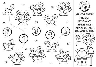 Siyah-beyaz peri masalı ile çiçekleri ve çilekleri sayan cüceleri karşılaştır. Woodland Peri Bahçesi Matematik aktivitesi, çocuklar için boyama sayfası. Masal sayma çalışma tablosu 