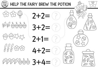 Siyah beyaz peri masalı ile peri iksirini karşılaştır. Orman prensesi matematik aktivitesi, boyama sayfası. Peri masalı sayma, meşe palamudu eşleştirme, böğürtlen