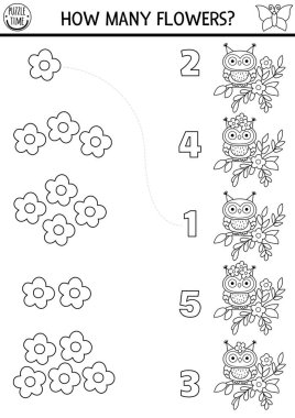 Siyah-beyaz orman oyununu baykuş ve çiçeklerle karşılaştır. Orman perisi aktivitesi, çocuklar için boyama sayfası. Peri masalı sayım çizelgesi. Matematik oyunu kuşla eşleşiyor