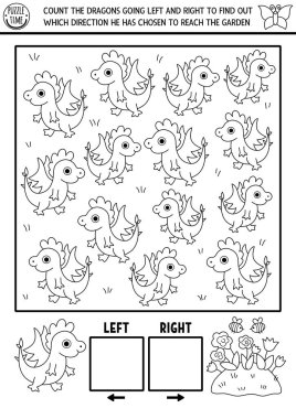 Peri Diyarı, çocuklar için sol ve sağ kavramlı orman doğası mantık oyunu. Siyah ve beyaz, ejderhalarla casusluk yapıyorum, faaliyetleri sayıyorum. Yazdırılabilir boşluk yönlendirme çalışma tablosu, bulmaca, renklendirme sayfası