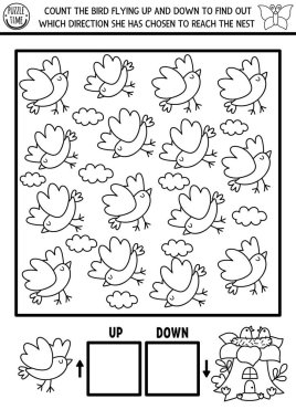 Peri Diyarı, orman doğası, çocuklar için yukarı aşağı konseptli mantık oyunu. Siyah ve beyaz casusluk yapıyorum, kuş ve yuvadaki aktiviteleri sayıyorum. Yazdırılabilir boşluk yönlendirme çalışma tablosu, bulmaca, renklendirme sayfası