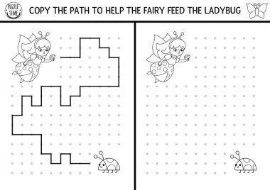Peri ülkesi siyah-beyaz çizimi, yazı, iz sürme, peri böceği olan çocuklar için uzay yönlendirme aktivitesi. Kutuya çizgi çiz. Okul öncesi ormanlık fantezi basılabilir oyun, bulmaca, boyama sayfası