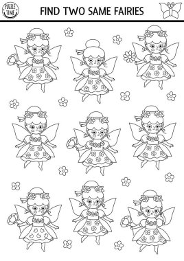 İki tane aynı çiçek perisini bul. Peri Diyarı siyah beyaz eşleşme aktivitesi, boyama sayfası. Sihirli bahçe ya da çocuklar için orman eğitimi sınav kâğıdı. Hoş bir kızla basılabilir oyun