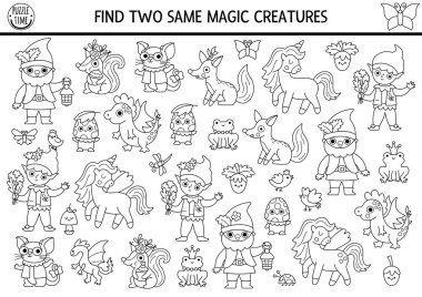 Aynı sihirli yaratıktan iki tane bul. Peri Diyarı siyah beyaz eşleşme aktivitesi, çocuklar için boyama sayfası. Sihirli bahçe, orman, ejderhası, cücesi, elfi, hayvanı olan çocuklar için küçük bir sınav kağıdı. Yazdırılabilir oyun