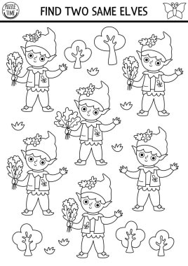 Aynı iki elfi bul. Peri Diyarı çocuklar için siyah beyaz eşleştirme aktivitesi. Sihirli bahçe, orman, orman çocuğu, cüce çocuklar için peri eğitimi sınav kağıtları. Yazdırılabilir oyun, renklendirilebilir sayfa