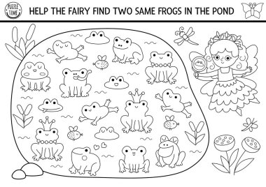 Perinin gölde iki kurbağa bulmasına yardım et. Peri Diyarı siyah beyaz eşleşme aktivitesi, boyama sayfası. Sihirli orman, ormanlık alanda su hayvanlarıyla ilgili bilgi yarışması. Kurbağa ile yazdırılabilir oyun