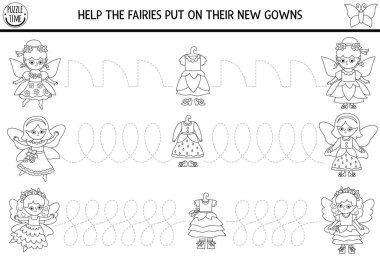 Vector siyah-beyaz el yazısı alıştırması. Orman prensesi, elbise. Kızlı anaokulu çocukları için basılabilir etkinlik. Peri Diyarı izleme oyunu, perili boyama sayfası ve yeni elbiseler.