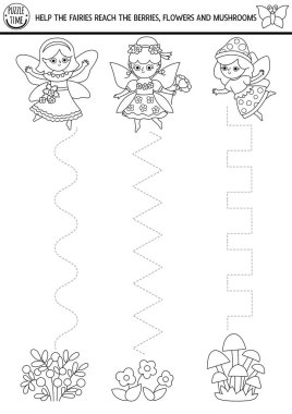 Çayır, çiçek, böğürtlen ve mantar üzerinde orman perileri olan siyah-beyaz çalışma kağıtları. Yazdırılabilir aktivite, çocuklar için boyama sayfası. Peri Diyarı izleme oyunu