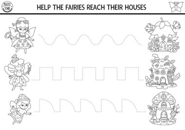 Ormandaki perilerin evlerine gittikleri siyah-beyaz çalışma çizelgesi. Matbaa aktivitesi, kızları olan çocuklar için boyama sayfası. Peri Diyarı fantezi izleme oyunu