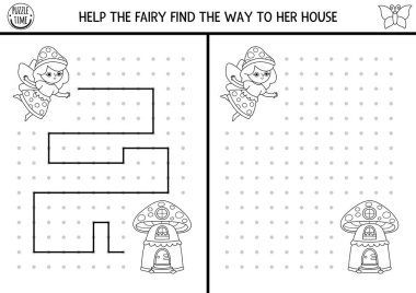 Siyah-beyaz çizim, yazı, iz sürme, mantar perili çocuklar için uzay yönlendirme aktivitesi, ev. Çizgiyi kutuya çek. Okul öncesi ormanlık yazdırılabilir oyun, bulmaca, boyama sayfası
