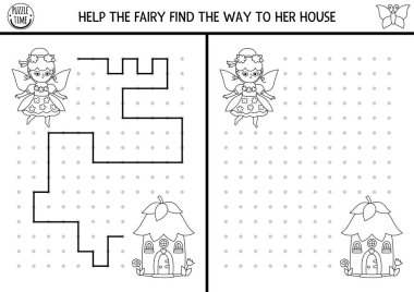 Siyah-beyaz çizim, yazı, iz sürme, çiçek perili çocuklar için uzay yönlendirme aktivitesi, ev. Çizgiyi kutuya çek. Okul öncesi ormanlık yazdırılabilir oyun, bulmaca, boyama sayfası