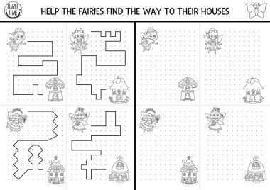 Peri Diyarı siyah beyaz çizim, yazı, iz sürme, perili çocuklar için mekan yönlendirme aktiviteleri, evler. Çizgiyi kutuya çek. Okul öncesi ormanlık yazdırılabilir oyun, bulmaca, renklendirme sayfası koleksiyonu
