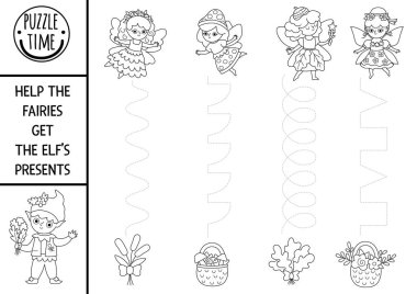 Orman perileri ve elf sunan siyah-beyaz çalışma kağıtları. Hoş kızları olan anaokulu çocukları için basılabilir etkinlik. Peri Diyarı izleme oyunu, hediyelerle renklendirme sayfası