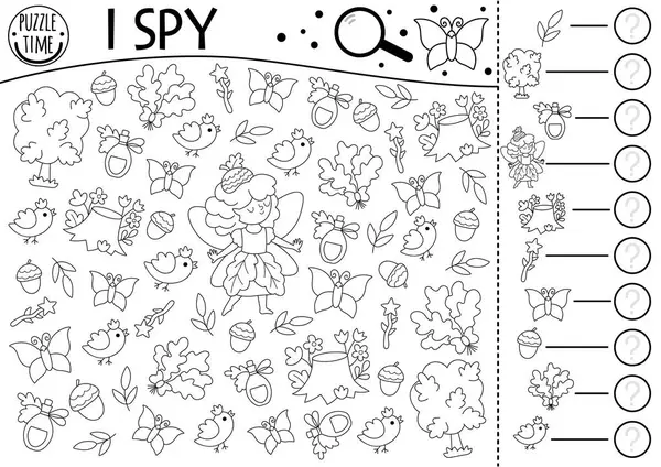 Peri Diyarı siyah beyaz çocuklar için casusluk oyunu. Palamut perisi, değnek, ağaç, kuş ve iksir ile arama ve sayma aktivitesi. Peri masalı basılabilir çalışma tablosu. Fantezi boyama sayfası, bulmaca