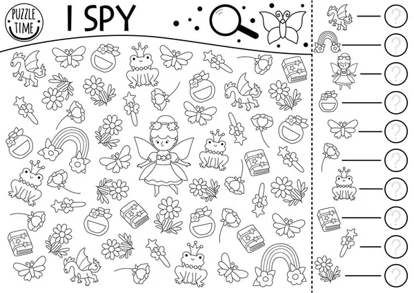 Peri Diyarı siyah beyaz çocuklar için casusluk oyunu. Çiçek perisi, değnek, gökkuşağı, ejderha, büyü kitabı ile araştırma ve sayma faaliyetleri. Peri masalı basılabilir çalışma tablosu. Fantezi boyama sayfası, bulmaca